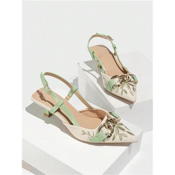 Women's PU Leather Floral Embroidery Pointy Toe Slingback Kitten Heel Mules - Picture 4 of 7